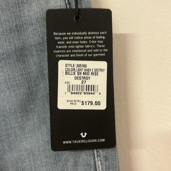 NWT True Religion Billie Mid-Rise Straight Light Wash - Picture 6 of 9